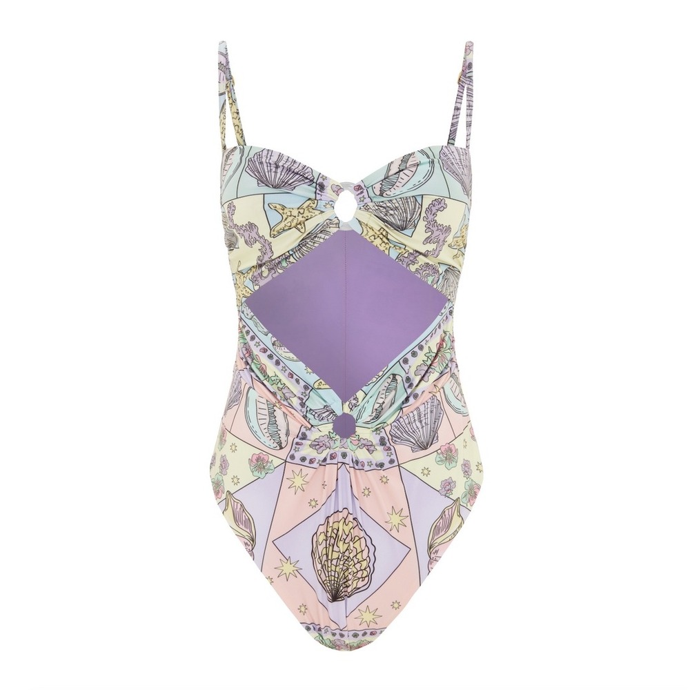 Oceanus Swimwear Moira Shell Print Cutout One Piece Swimsuit Pastel Purple M